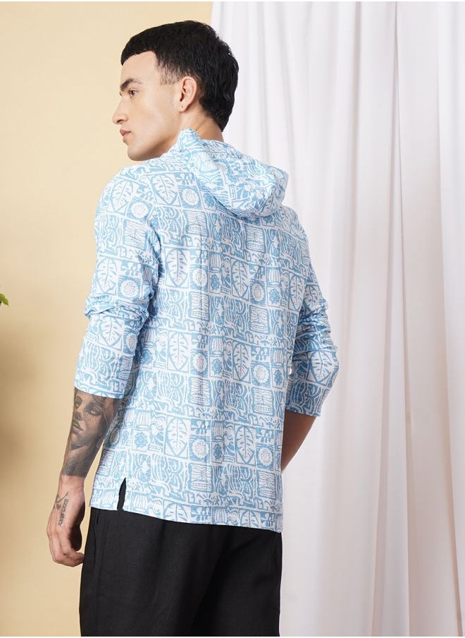 The Indian Garage Co Men Regular Fit Tropical Full Sleeves Hooded Ethnic Shirt  - Image 2