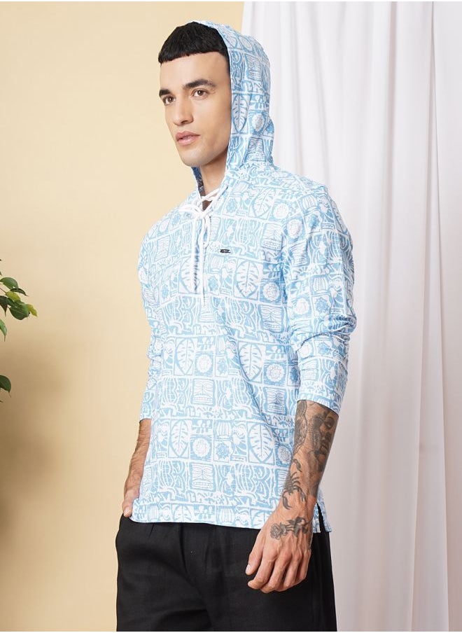 The Indian Garage Co Men Regular Fit Tropical Full Sleeves Hooded Ethnic Shirt  - Image 3