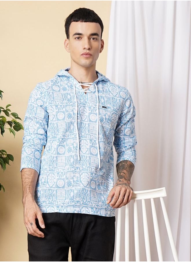 The Indian Garage Co Men Regular Fit Tropical Full Sleeves Hooded Ethnic Shirt  - Image 1