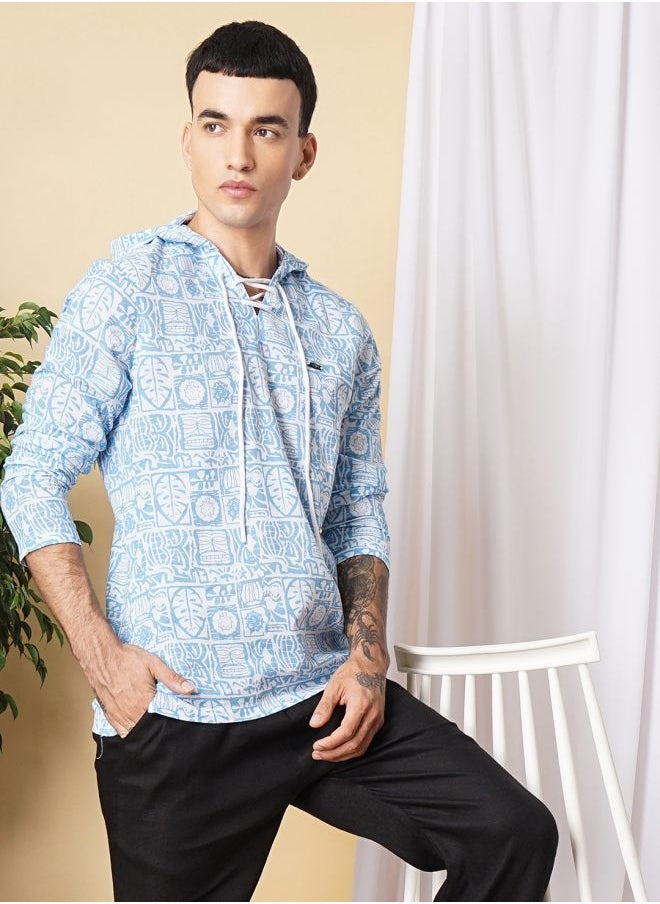 The Indian Garage Co Men Regular Fit Tropical Full Sleeves Hooded Ethnic Shirt  - Image 4