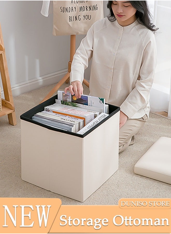 DUNISO - Leather Folding Storage Ottoman Cube Storage Boxes Footrest Stool Stylish Small Ottomans with Foam Padded Seat for Storage and Seating - Image 1