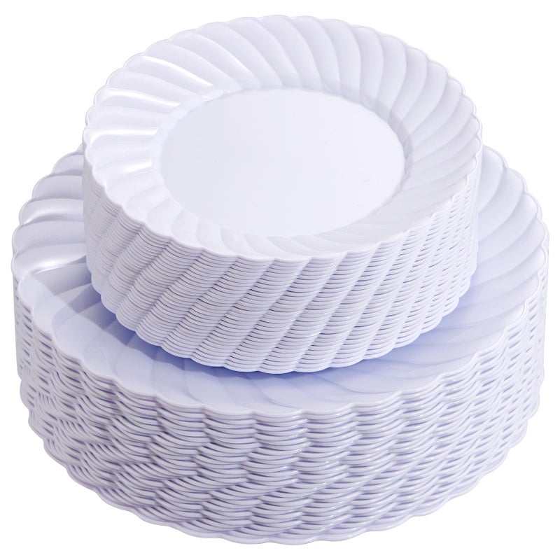 UQE 100 Pieces White Plastic Plates Premium White Disposable Plates for Wedding and Party Use Including 50PCS 9 Dinner Plate 50PCS 65 Dessert Plate