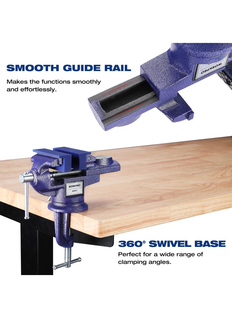 WORKPRO WORKPRO Bench Vise, 2.5 Inch Jaw Width Universal Table Vise, 360°Swivel Base Home Vice Bench Clamp with Magnetic Jaw Pads, Portable Clamp-on Vise Bench for Woodworking, Metalworking, Drilling  - Image 3
