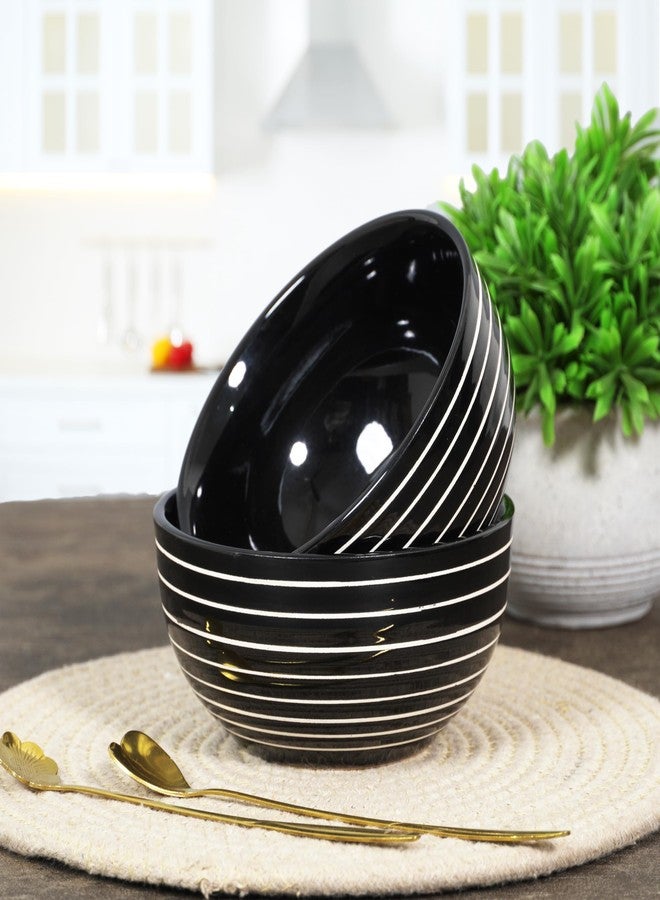 CRAF10 Horizon Line Hand Painted Designer Bowl Set of 2, Black, 400 ML, Multipurpose Ceramic Bowl, Microwave Safe - Image 1