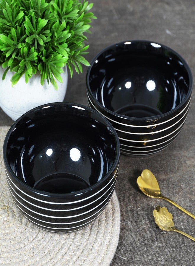 CRAF10 Horizon Line Hand Painted Designer Bowl Set of 2, Black, 400 ML, Multipurpose Ceramic Bowl, Microwave Safe - Image 3