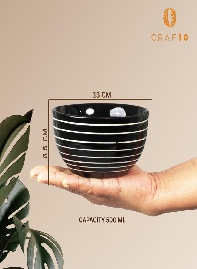 CRAF10 Horizon Line Hand Painted Designer Bowl Set of 2, Black, 400 ML, Multipurpose Ceramic Bowl, Microwave Safe - Image 2