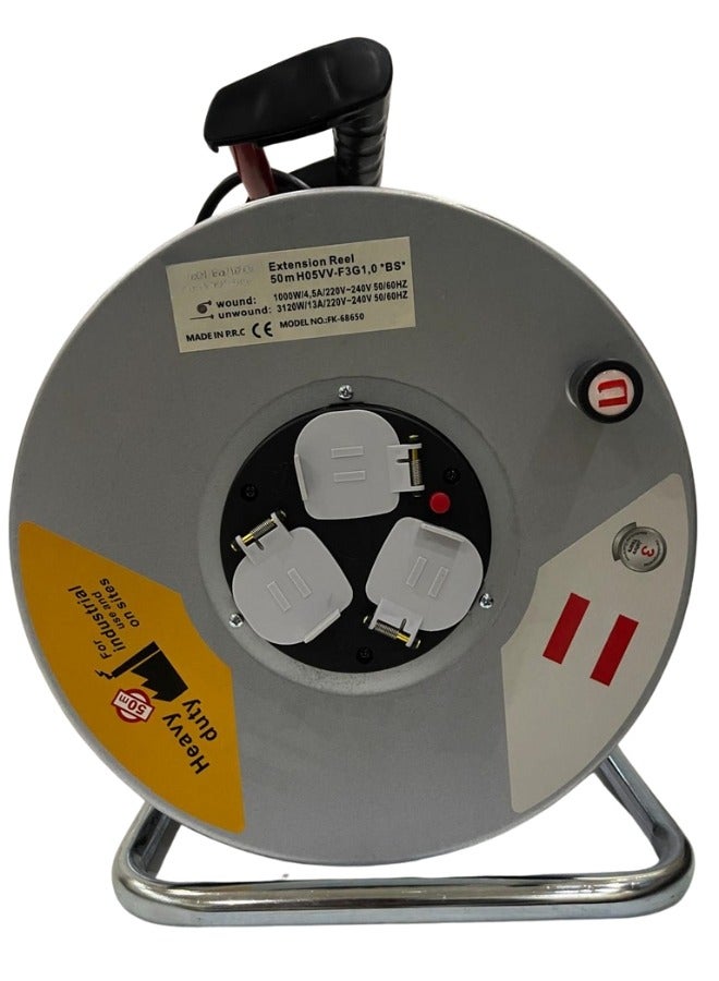 50M Cable Reel Power Strip Extension Cord, 3-way Bs sockets (50M Extension Cable, Rust-Proof, Ergonomic Handle