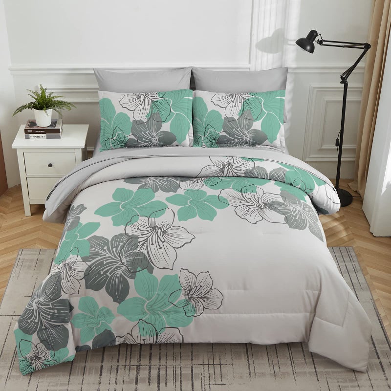 Luxudecor Floral Comforter Set Queen Size Green Floral Pattern Bedding Comforter Soft Microfiber 7 Pieces Bed in a Bag (1 Comforter, 2 Pillow Shams, 1 Flat Sheet, 1 Fitted Sheet, 2 Pillowcases) - Image 3
