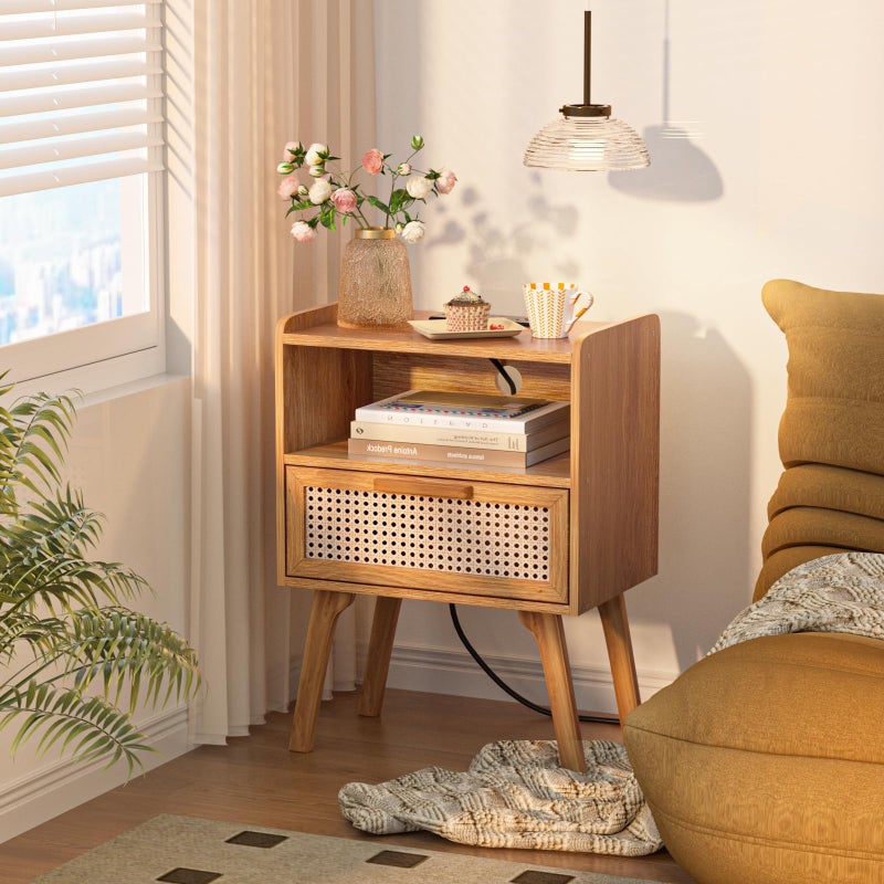 Lerliuo Rattan Nightstand with Charging Station, Side Table with Drawer, Cane Accent Bedside End Table with Solid Wood Legs, Night Stand for Bedroom, Dorm and Small Spaces (Tea Brown) - Image 5
