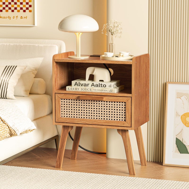 Lerliuo Rattan Nightstand with Charging Station, Side Table with Drawer, Cane Accent Bedside End Table with Solid Wood Legs, Night Stand for Bedroom, Dorm and Small Spaces (Tea Brown) - Image 4