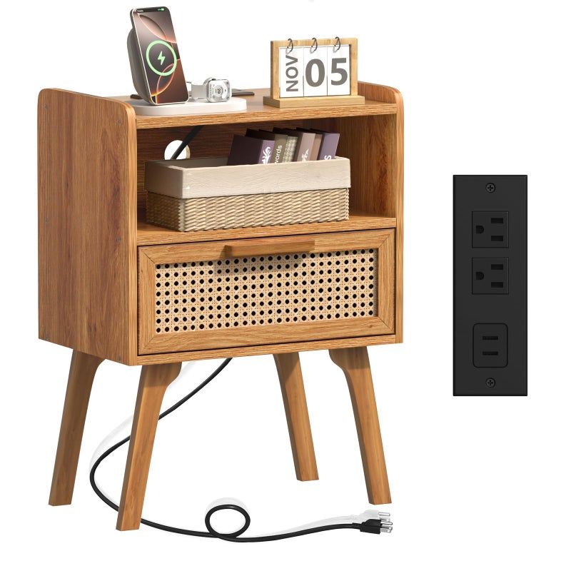 Lerliuo Rattan Nightstand with Charging Station, Side Table with Drawer, Cane Accent Bedside End Table with Solid Wood Legs, Night Stand for Bedroom, Dorm and Small Spaces (Tea Brown) - Image 1