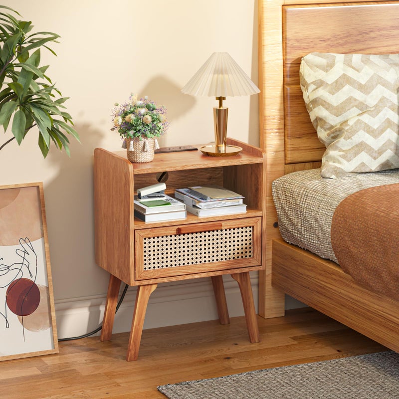 Lerliuo Rattan Nightstand with Charging Station, Side Table with Drawer, Cane Accent Bedside End Table with Solid Wood Legs, Night Stand for Bedroom, Dorm and Small Spaces (Tea Brown) - Image 3