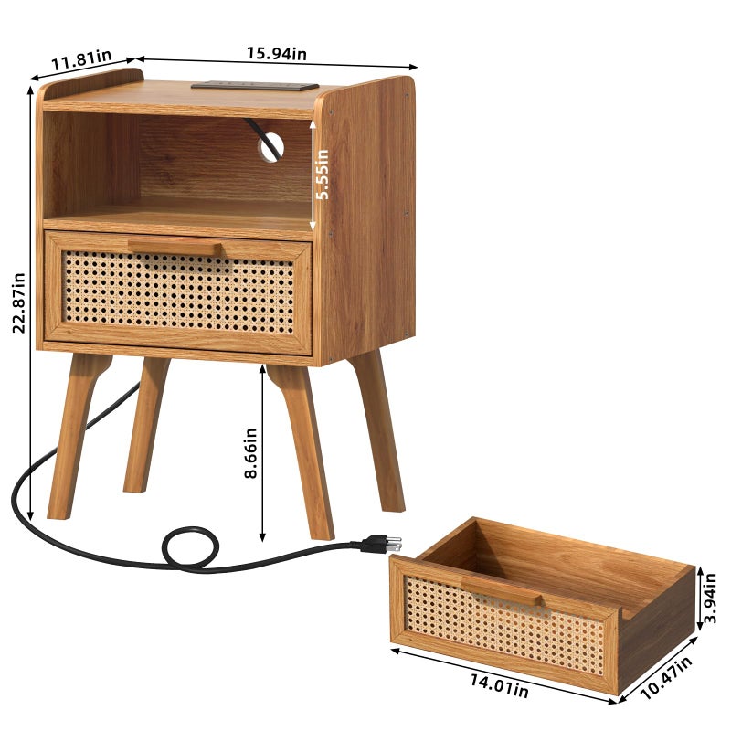 Lerliuo Rattan Nightstand with Charging Station, Side Table with Drawer, Cane Accent Bedside End Table with Solid Wood Legs, Night Stand for Bedroom, Dorm and Small Spaces (Tea Brown) - Image 2