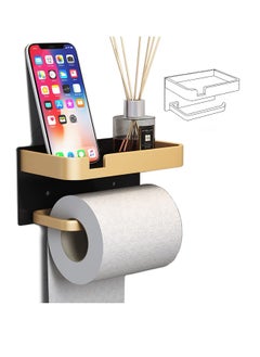 Generic Toilet Paper Holder, with Shelf Adhesive Wall Mounted, No Drill Aluminium Alloy Stainless and Rustproof, Dispenser Bathroom Organizer Storage Rack Matte, Black Gold  - Image 1