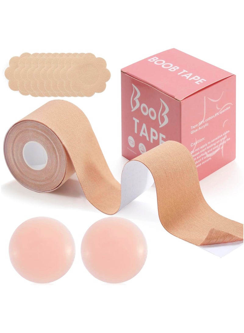 MileMelo 13-Piece Breast Tape, 5 M Extra-Long Roll Breast Tape, with 2 Pcs Reusable Nipple Covers, Adhesive Strapless Lift Tape for A-G Cup Beige  - Image 1