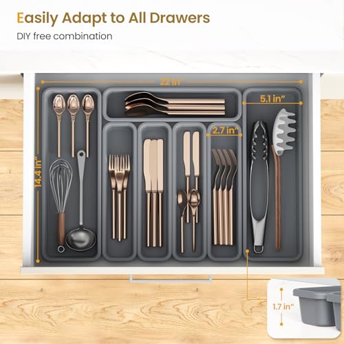K KORKUAN 7 Pack Silicone Silverware Drawer Organizer, DIY Free Combination Kitchen Drawer Organizer, Utensil Organizer, Moisture-proof and Heat-resistant up to 200°C, Anti-slip Design (Grey) - Image 3