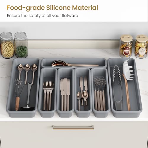 K KORKUAN 7 Pack Silicone Silverware Drawer Organizer, DIY Free Combination Kitchen Drawer Organizer, Utensil Organizer, Moisture-proof and Heat-resistant up to 200°C, Anti-slip Design (Grey) - Image 2