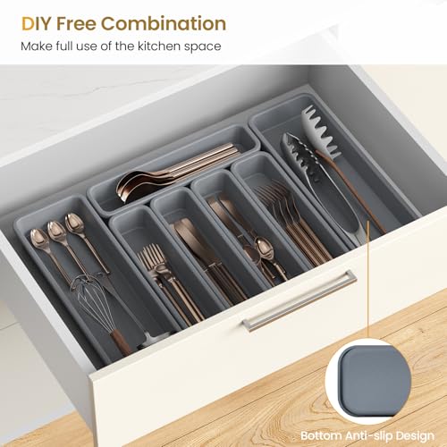 K KORKUAN 7 Pack Silicone Silverware Drawer Organizer, DIY Free Combination Kitchen Drawer Organizer, Utensil Organizer, Moisture-proof and Heat-resistant up to 200°C, Anti-slip Design (Grey) - Image 5