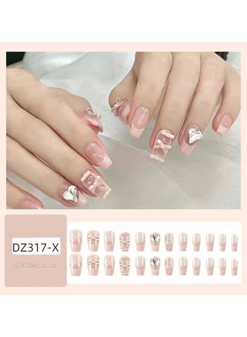 Goolsky INS Style Short Press On Nails Pink Ballerina French Fake Nails with Heart Glass Gem Rhinestones  - Image 1