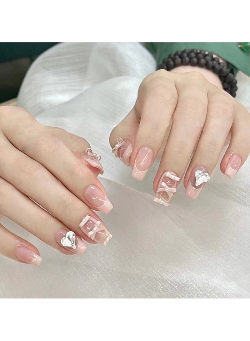 Goolsky INS Style Short Press On Nails Pink Ballerina French Fake Nails with Heart Glass Gem Rhinestones  - Image 2
