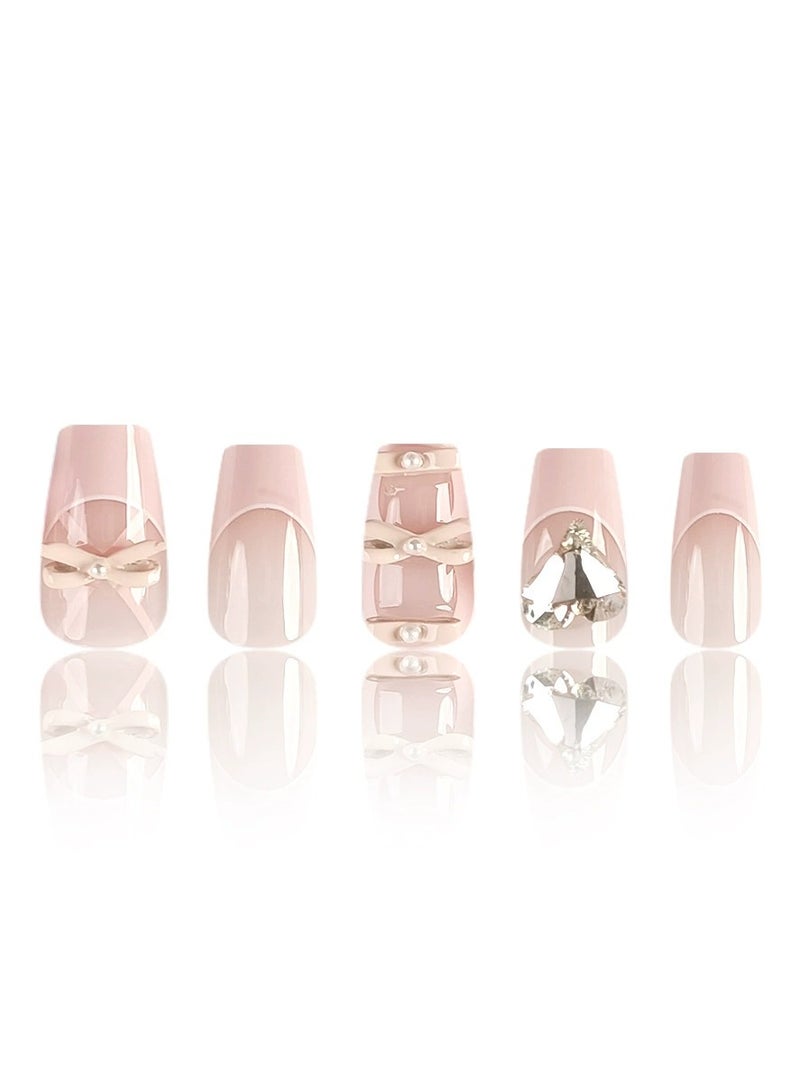 Goolsky INS Style Short Press On Nails Pink Ballerina French Fake Nails with Heart Glass Gem Rhinestones  - Image 3