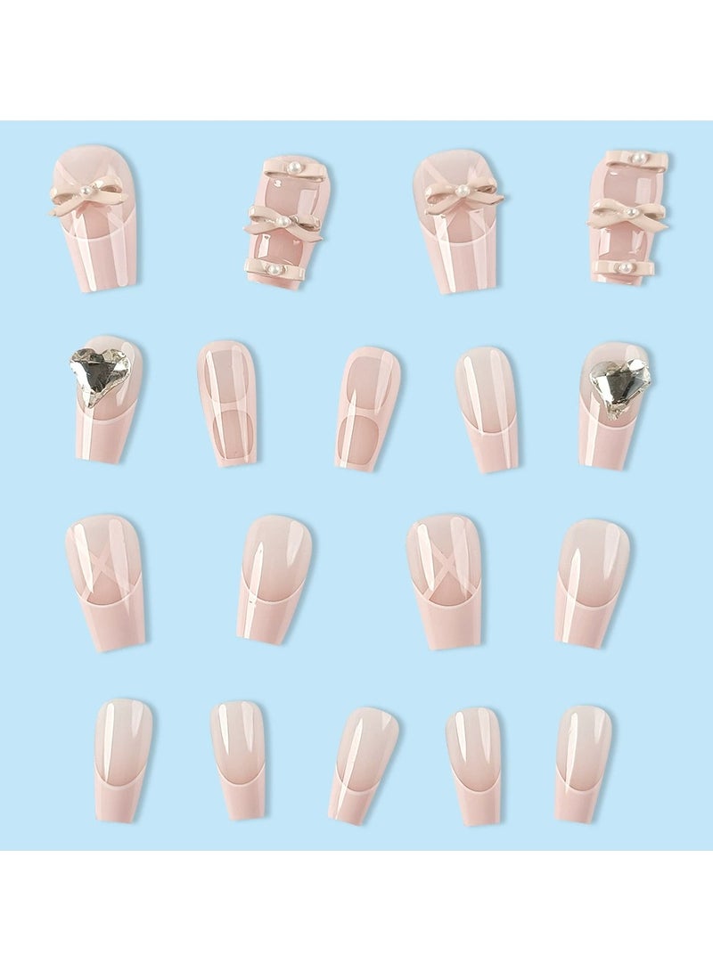 Goolsky INS Style Short Press On Nails Pink Ballerina French Fake Nails with Heart Glass Gem Rhinestones  - Image 4