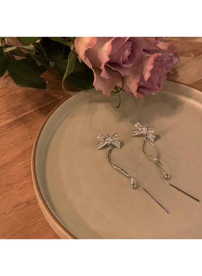 Peach Tea French Bow Tassel Earrings Women's Niche Design Sense High Elegant Ear Clip Earrings 