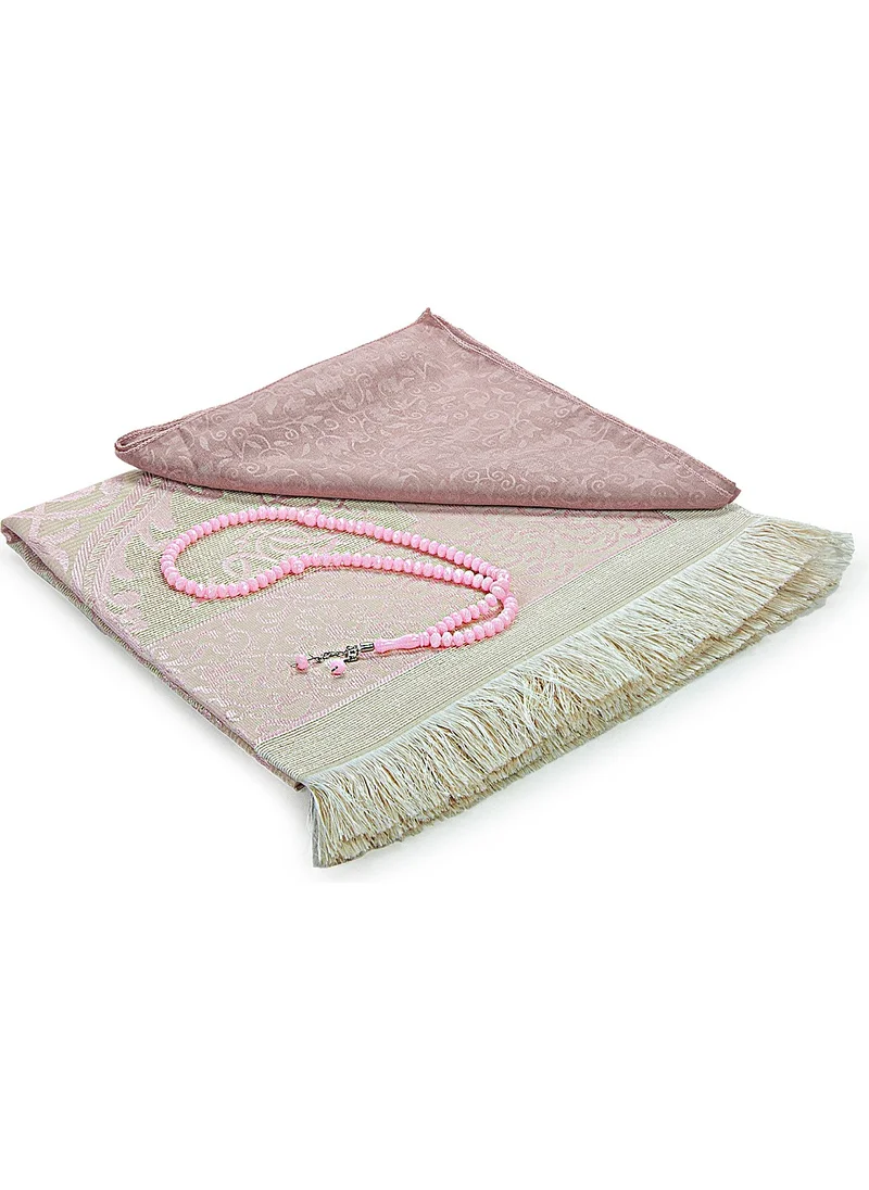 İhvan Online Prayer Rug Set with Headscarf Suitable for Bundles and Mawlid - With Prayer Beads - Pink