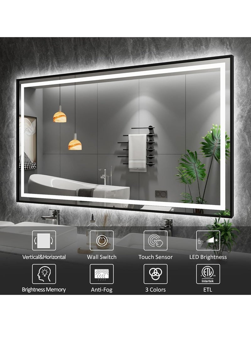 فيبارتي مرآة حمام مؤطرة LED ، مرآة مضاءة مضادة للضباب قابلة للتعتيم ، مرآة حائط رأسية وأفقية كبيرة ، مفتاح حائط ، مستشعر يعمل باللمس ، 3 خيارات لدرجة حرارة اللون ، سطوع وذاكرة LED قابل للتعديل ، تقنية مضادة للضباب ، زجاج مقاوم للكسر 5 مم ، إطار من الألومنيوم ، إضاءة أمامية وخلفية ، مرآة زينة حديثة مثبتة على الحائط ، إطار أسود للحمام ، غرفة نوم ، غرفة معيشة ، ديكور منزلي حديث ، مرآة LED أنيقة (150 × 90 سم)  - Image 2