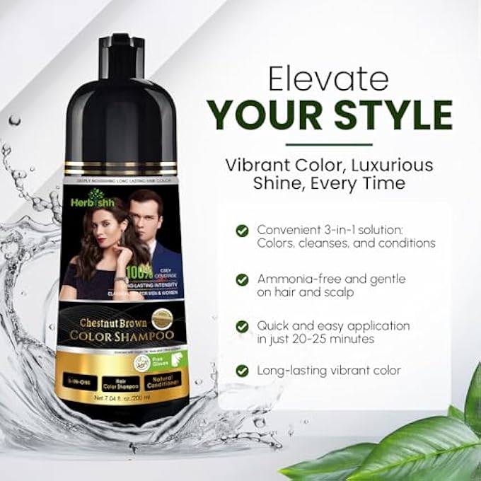Herbishh CHESTNUT BROWN HAIR DYE SHAMPOO 3 IN 1, 100% GREY COVERAGE, DEMI-PERMANENT HAIR COLOR FOR MEN & WOMEN, LONG-LASTING COLOR IN 20-25 MINS, AMMONIA-FREE, 200 ML - Image 3