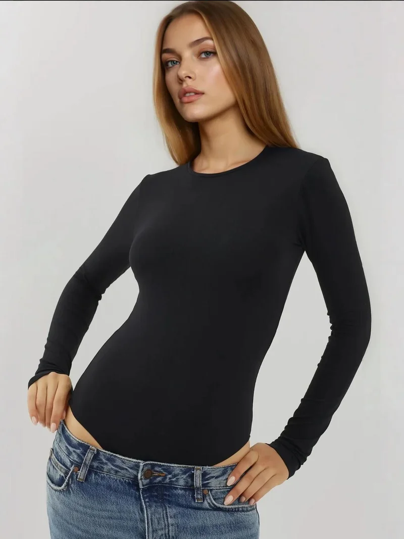 HICCUP Slim Fit Long Sleeve Crew Neck Bodysuit with Snaps Busem Collection