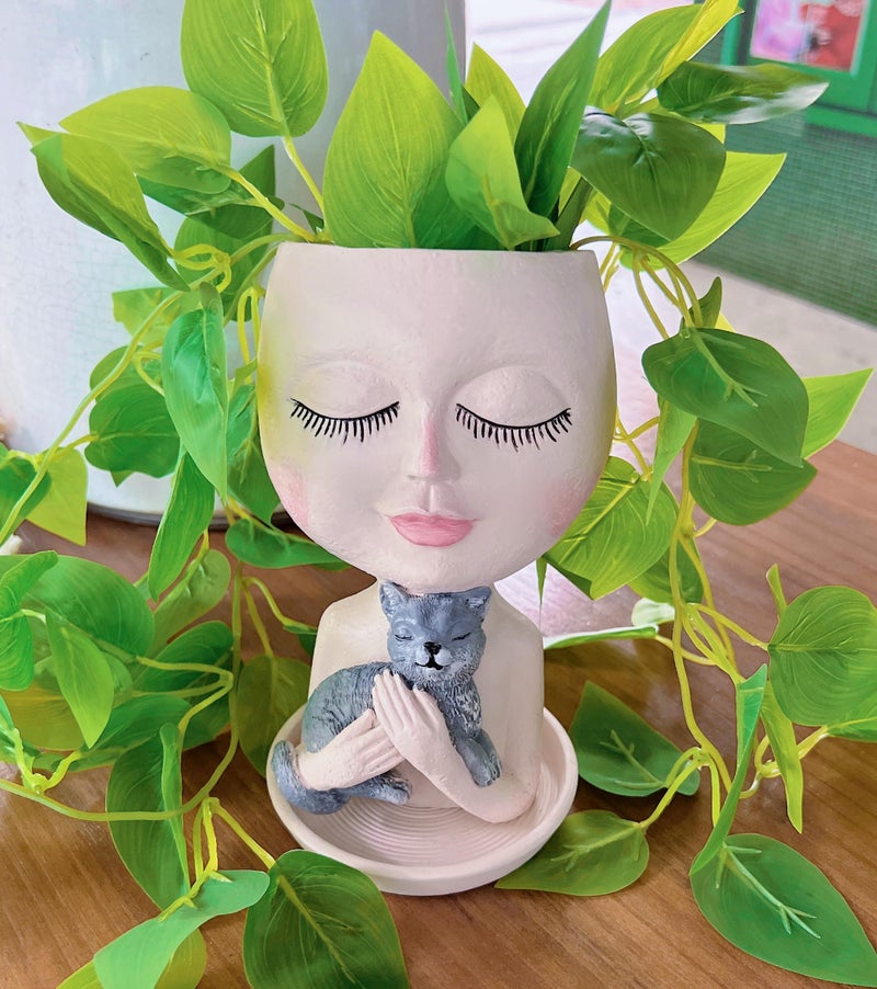 ASDFG Head Planter with Drainage Hole, Resin Art Vase, Cute Lady Hugging Cat Succulent Flower Pots, Unique for Indoor Outdoor Decor, 7.28in - Image 2