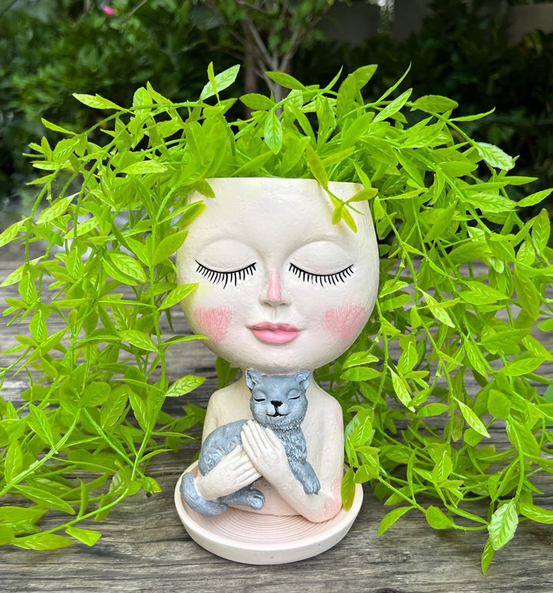 ASDFG Head Planter with Drainage Hole, Resin Art Vase, Cute Lady Hugging Cat Succulent Flower Pots, Unique for Indoor Outdoor Decor, 7.28in - Image 1