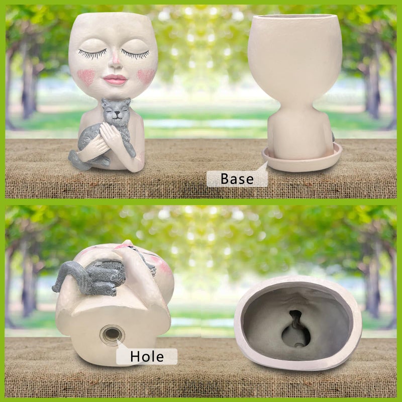 ASDFG Head Planter with Drainage Hole, Resin Art Vase, Cute Lady Hugging Cat Succulent Flower Pots, Unique for Indoor Outdoor Decor, 7.28in - Image 4