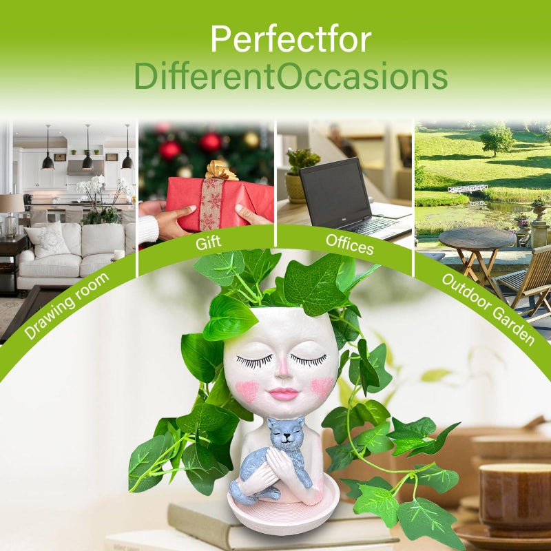 ASDFG Head Planter with Drainage Hole, Resin Art Vase, Cute Lady Hugging Cat Succulent Flower Pots, Unique for Indoor Outdoor Decor, 7.28in - Image 5