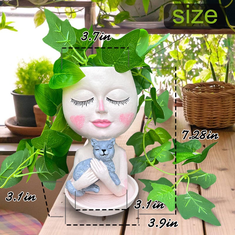 ASDFG Head Planter with Drainage Hole, Resin Art Vase, Cute Lady Hugging Cat Succulent Flower Pots, Unique for Indoor Outdoor Decor, 7.28in - Image 3