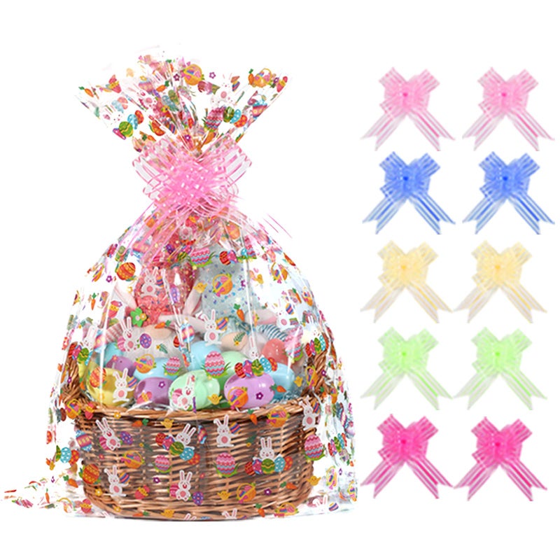 shareluck 10 pack Easter Wrap Bags 22" x 32" Bunny Eggs Bags Large Cellophane Wrap for Gift Baskets - 2.5Mil - Plastic Easter Cello Bag - with 10 Pieces Pull Bow - Image 1