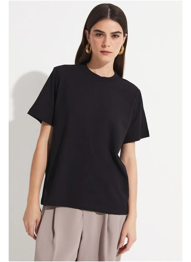 JUNE June Rib Detailed 100% Cotton Tshirt Black