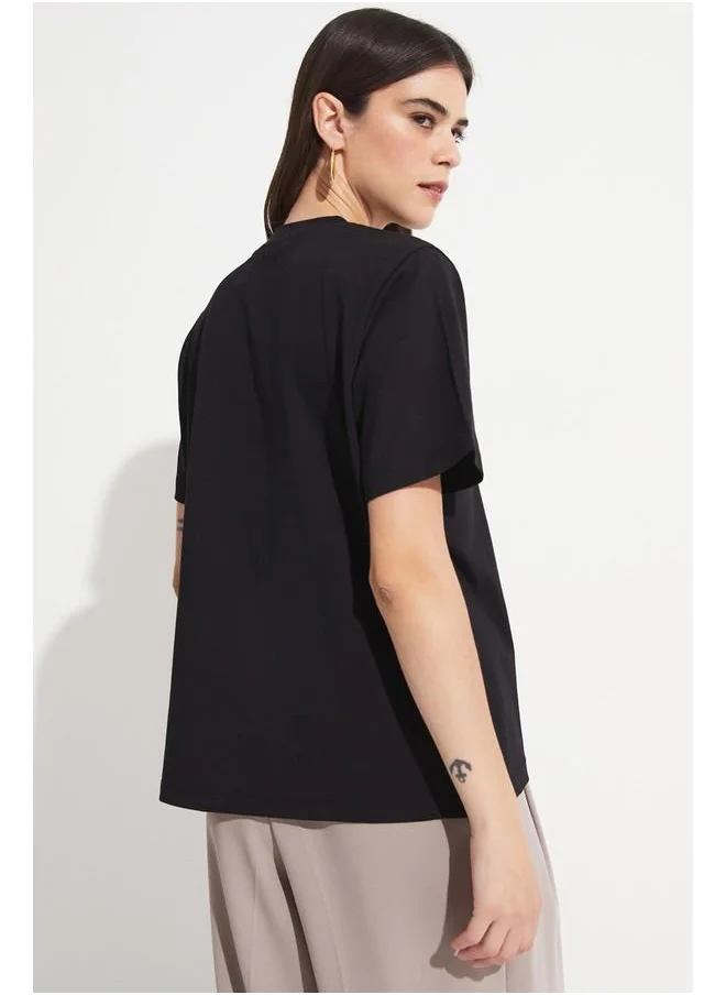 JUNE June Rib Detailed 100% Cotton Tshirt Black