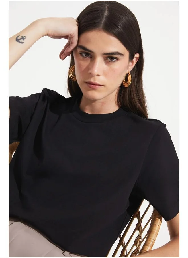 JUNE June Rib Detailed 100% Cotton Tshirt Black