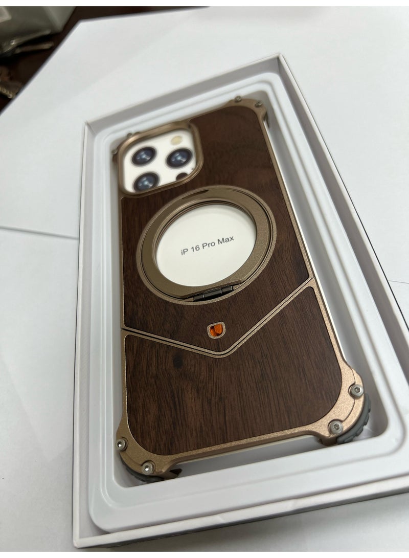 Raxoom Wood Metal Frame Case Cover Compatible for IP 16 pro max | Titanium-Walnut Brown - Image 2