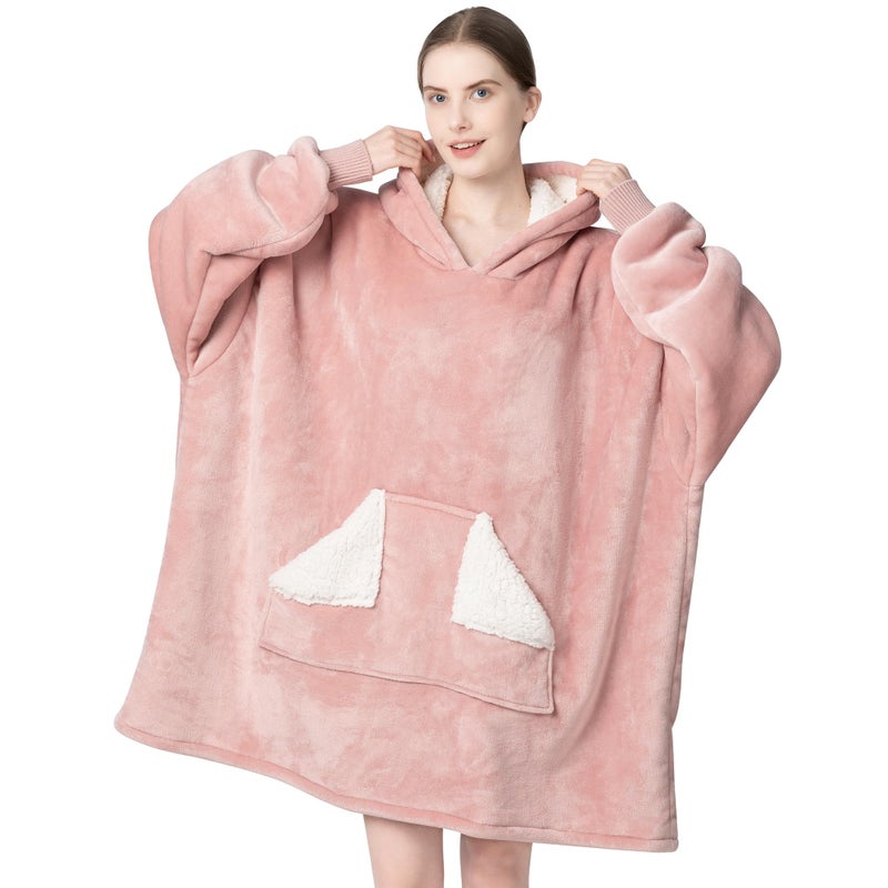 Touchat Wearable Blanket Hoodie Oversized Sherpa Blanket Sweatshirt with Hood Pocket and Sleeves Super Soft Warm Plush Hooded Blanket for Adult Women Men One Size Fits All Pink