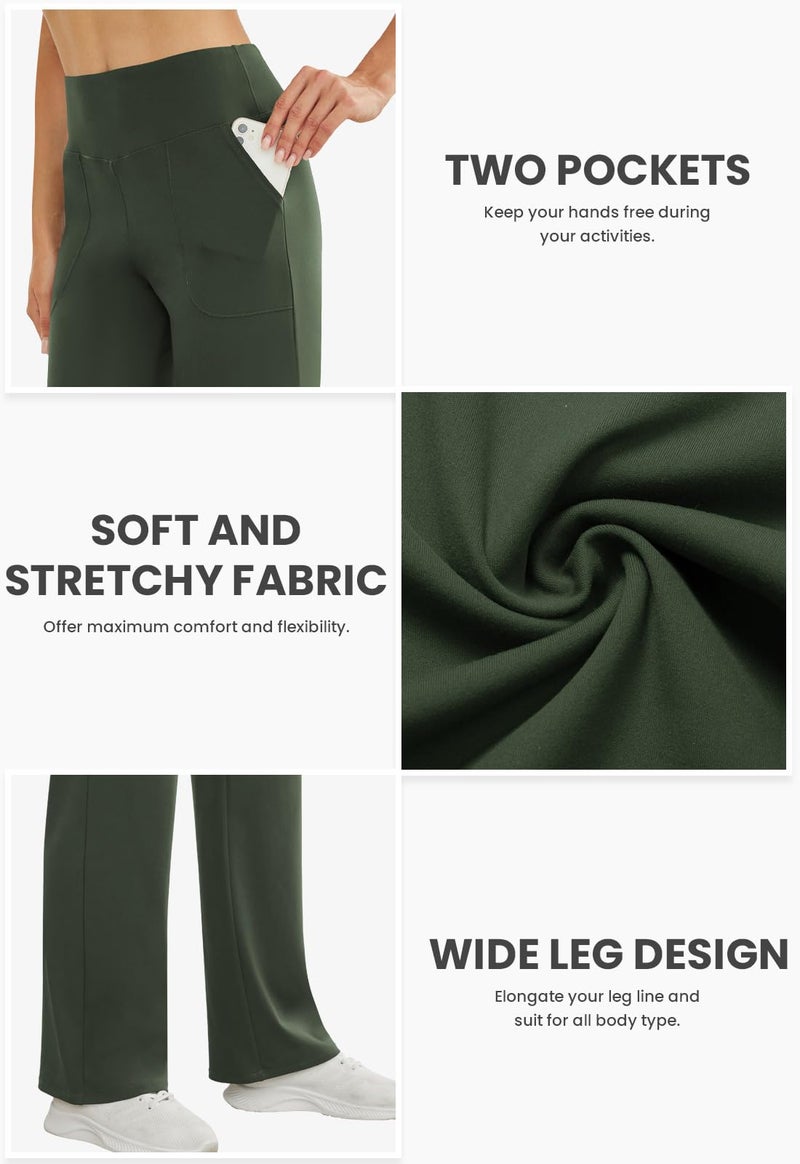 COPYLEAF Wide Leg Pants Woman High Waist Yoga Pants with Pockets Loose Stretch Dress Work Sweatpants Casual Lounge(Army Green XL) - Image 4