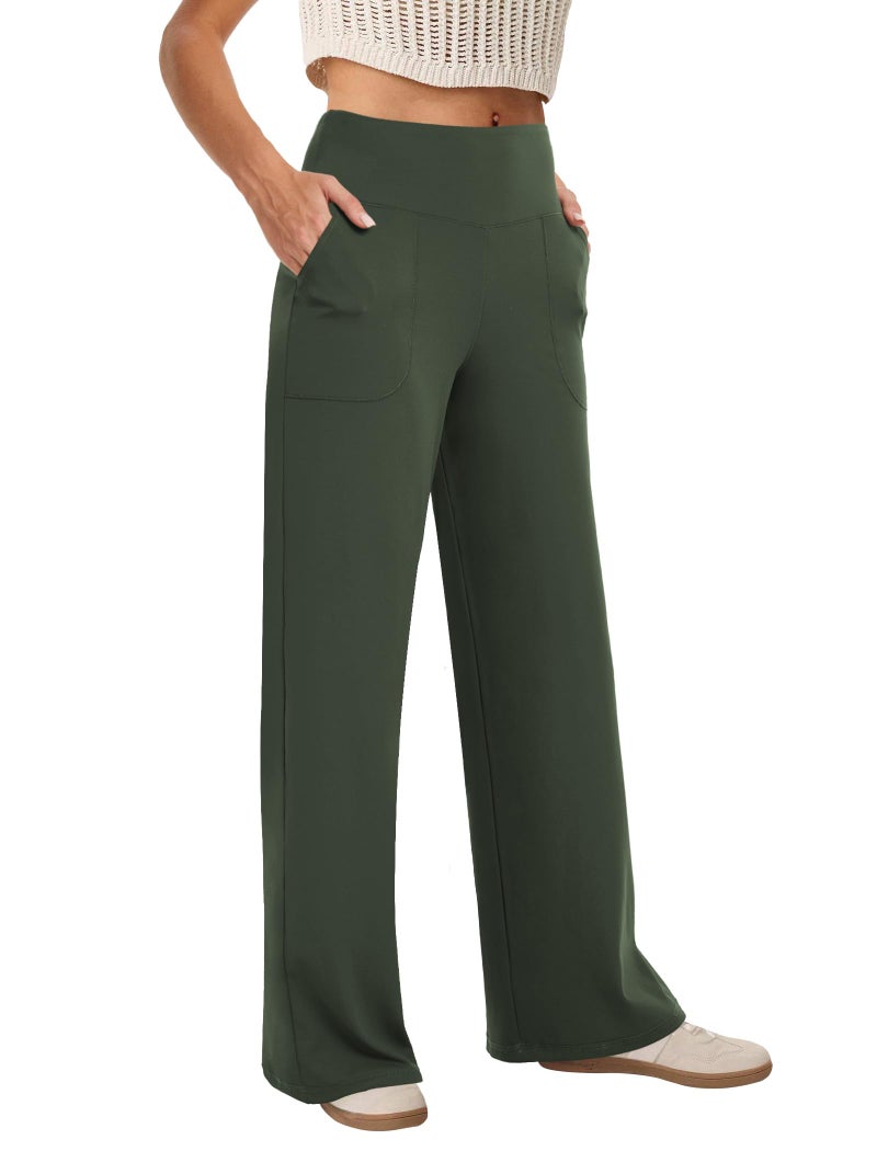 COPYLEAF Wide Leg Pants Woman High Waist Yoga Pants with Pockets Loose Stretch Dress Work Sweatpants Casual Lounge(Army Green XL) - Image 1