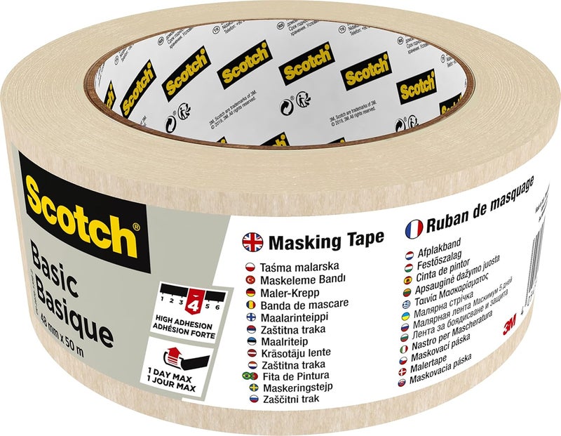 Scotch Basic Masking Tape 48mm x 50m, 1 roll/pack | Beige color | Masking and Protection | Medium to High adhesion | For walls, metal, wood and more | Easy to Remove with no residue - Image 1
