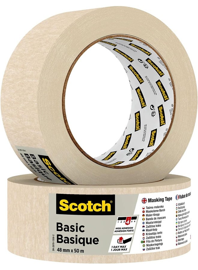 Scotch Basic Masking Tape 48mm x 50m, 1 roll/pack | Beige color | Masking and Protection | Medium to High adhesion | For walls, metal, wood and more | Easy to Remove with no residue - Image 2