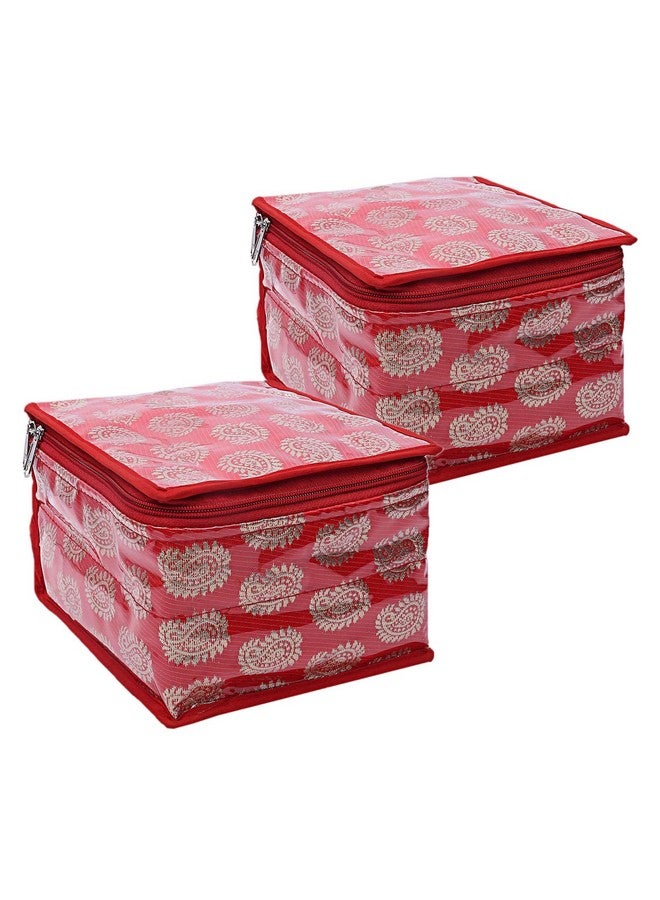 Kuber Industries Kuber Industries Pack of 2 Jewellery Storage Bag | Carry Printed PVC Laminated Makeup Pouch | Square Travel Kit with 10 Tranasparent Pouches | Bag for Necklace-Bracelet-Earing-Bangles | Red  - Image 1