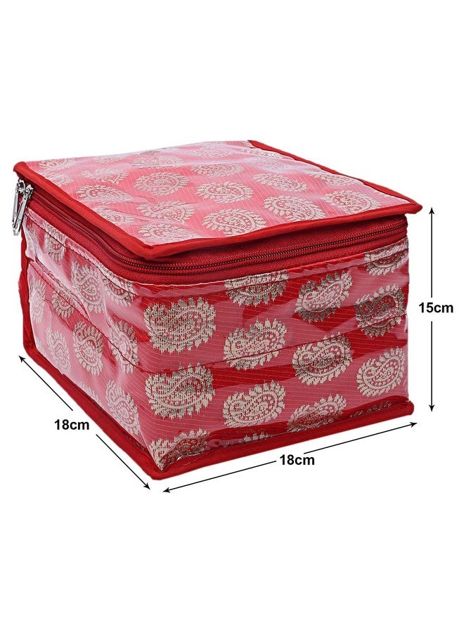 Kuber Industries Kuber Industries Pack of 2 Jewellery Storage Bag | Carry Printed PVC Laminated Makeup Pouch | Square Travel Kit with 10 Tranasparent Pouches | Bag for Necklace-Bracelet-Earing-Bangles | Red  - Image 3