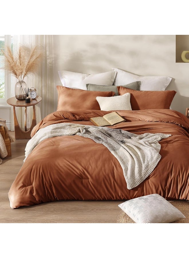 AMBERSPACE Burnt Orange King Comforter Set, Microsuede-Like King Bedding Set as Boho Bedding, Fluffy 3 Piece King Size Bed Set, Modern Farmhouse Comforter Sets