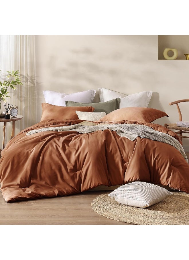 Generic AMBERSPACE Burnt Orange King Comforter Set, Microsuede-Like King Bedding Set as Boho Bedding, Fluffy 3 Piece King Size Bed Set, Modern Farmhouse Comforter Sets  - Image 1